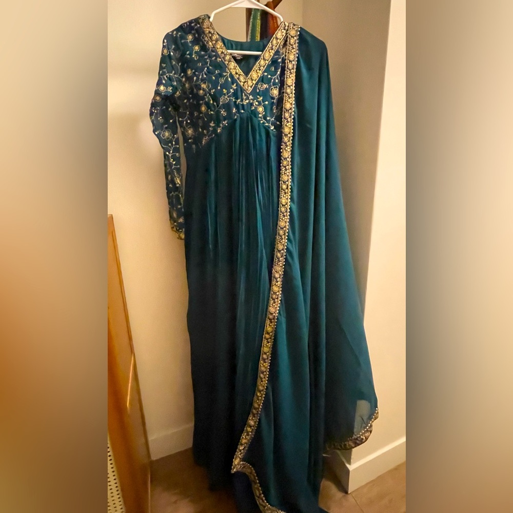 Deep Teal floor length gown with dupatta